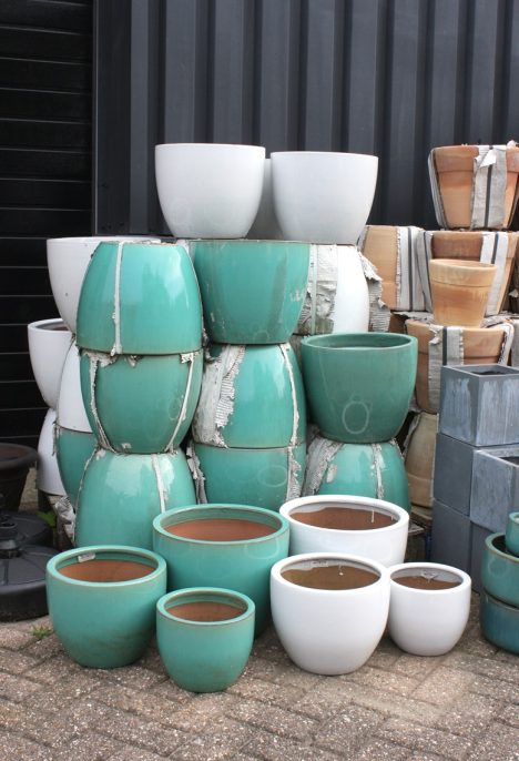 Bloempotten aardewerk geglazuurd wit & celadon (set van 3)
