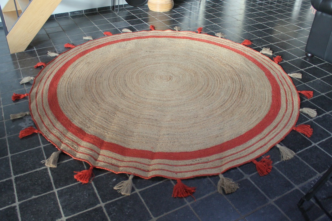 Vloerkleed Jute naturel & rood met franjes Ø240